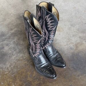 Dan Post Black Western Cowboy Boots with Pink Stitching